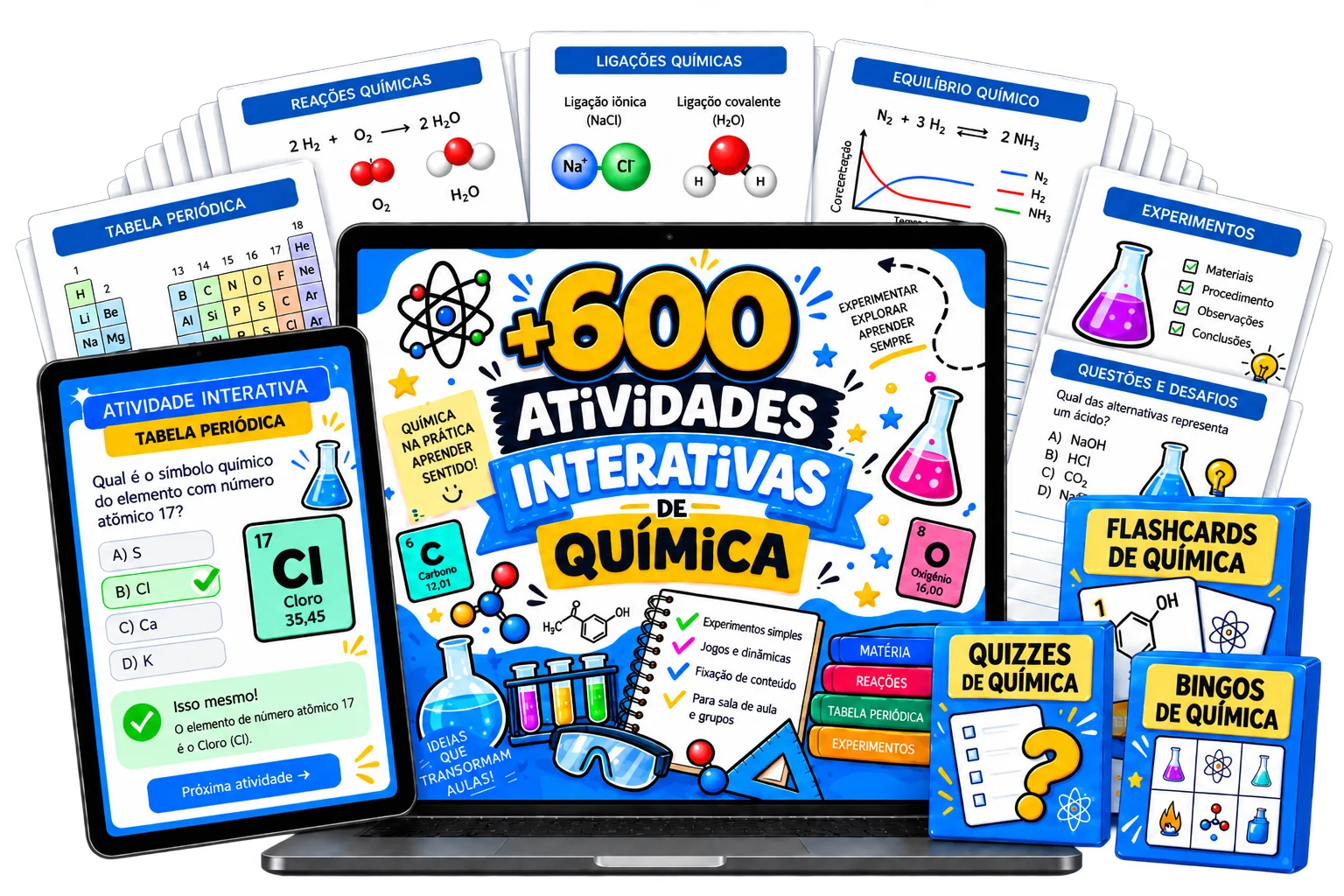 Mockup do material: 600 Atividades Interativas de Química no notebook, tablet e fichas temáticas